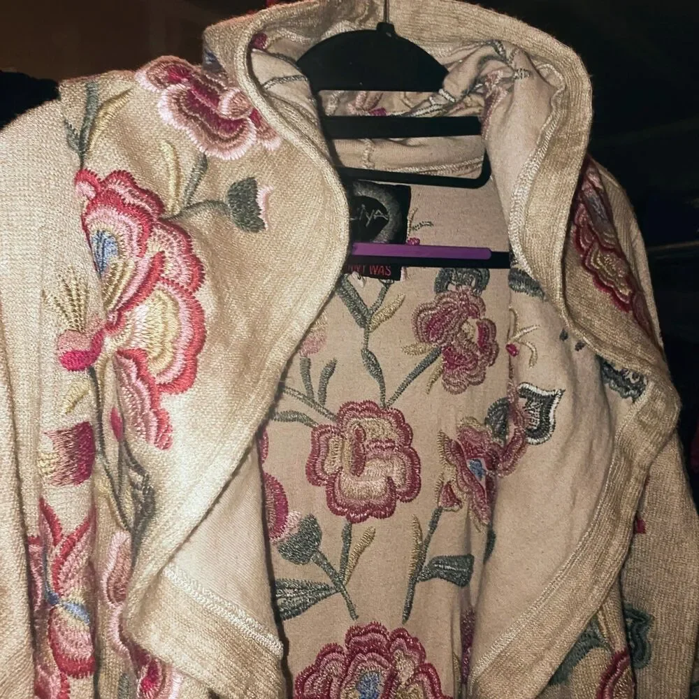 JOHNNY WAS BIYA Sz S Floral Embroidered Open Front Hood Cardigan Duster Sweater